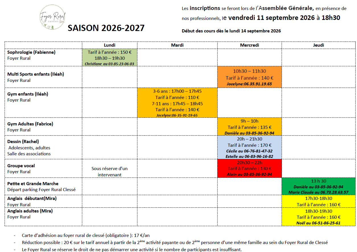 planning activités 